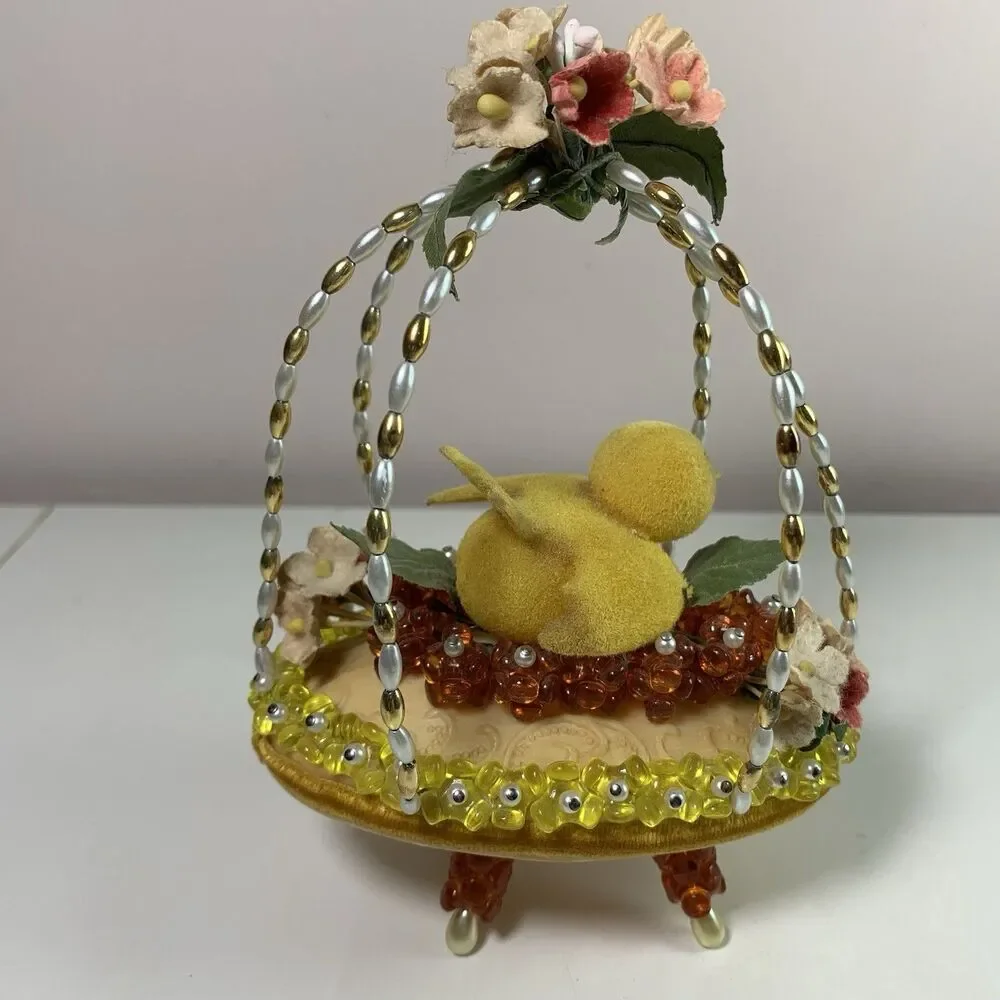 Vintage Beaded Push Pin Easter Basket 5.5” Tall Soap Beads Felt Chick Flowers